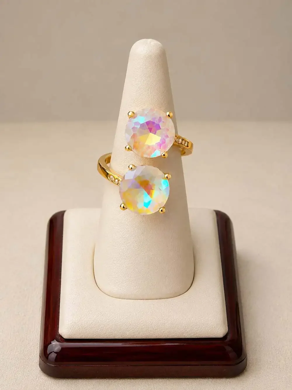 Iridescent Double Stone Statement Ring Gold Plated Stainless Steel Size 7